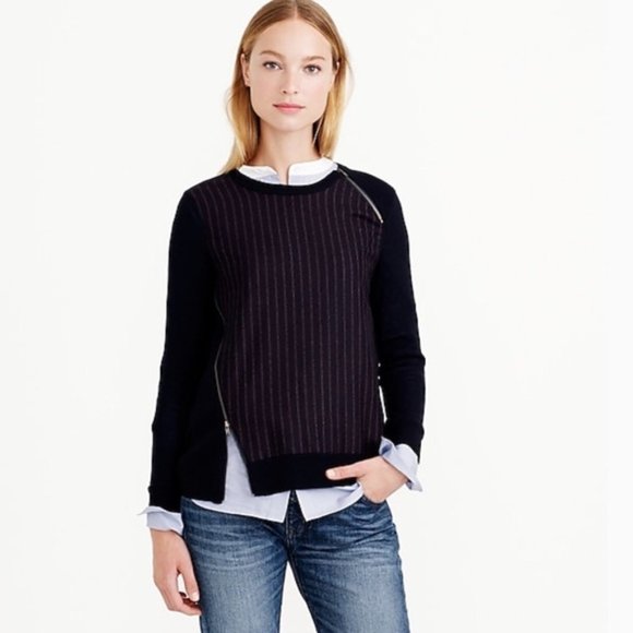 J. Crew Asymmetric Zip Pinstripe Wool Sweater - Picture 1 of 7